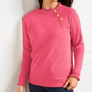 Talbots Ruffle Trim Raglan Sweatshirt Pink Gold Buttons At Neckline Size 1X